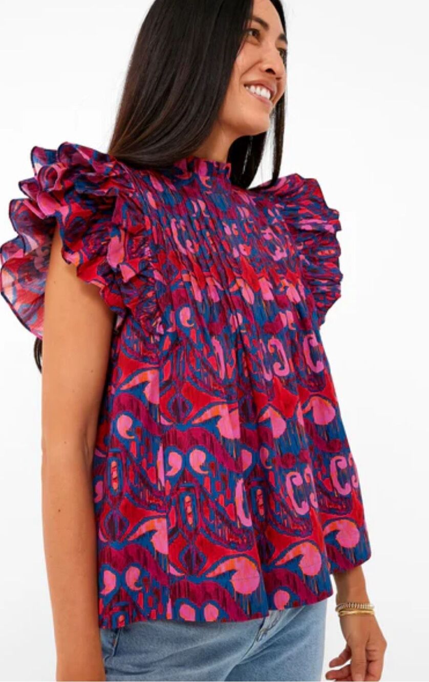 OLIPHANT Exclusive Blue Kazak Pintuck Ruffle Top $188, XXS G16